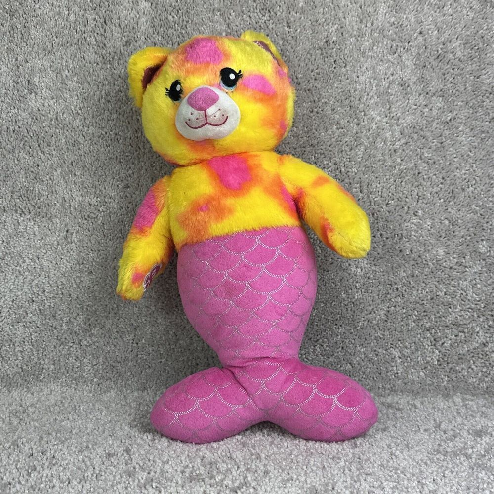 *READ* Build A Bear Mermaid Cat Plush 18" Pink‎ Yellow Tie Dye Fur Pink Glitter